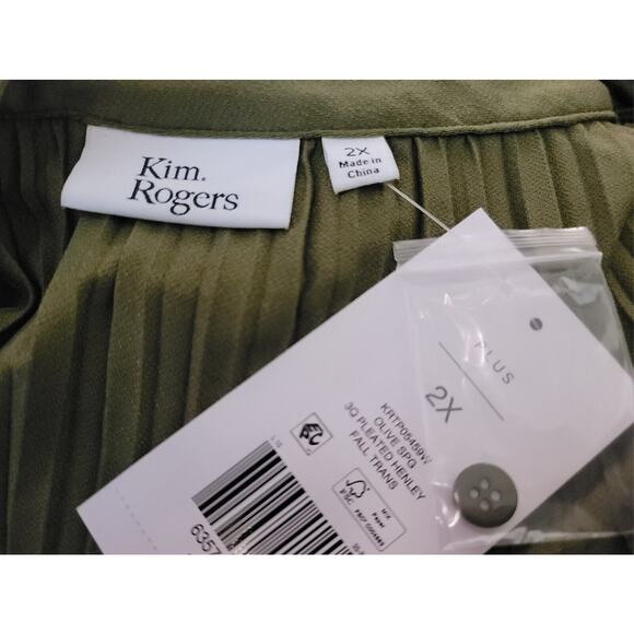 Kim Rogers‎ Olive Green Quarter Length Sleeves Pleated Henley Plus Size 2X Shirt - Picture 4 of 5